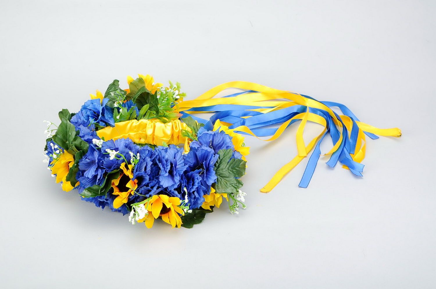Ukrainian wreath with artificial flowers Yellow and blue photo 4