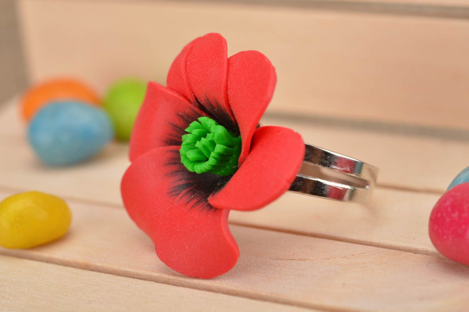 Handmade stylish ring made of polymer clay in shape of volume red poppy photo 1