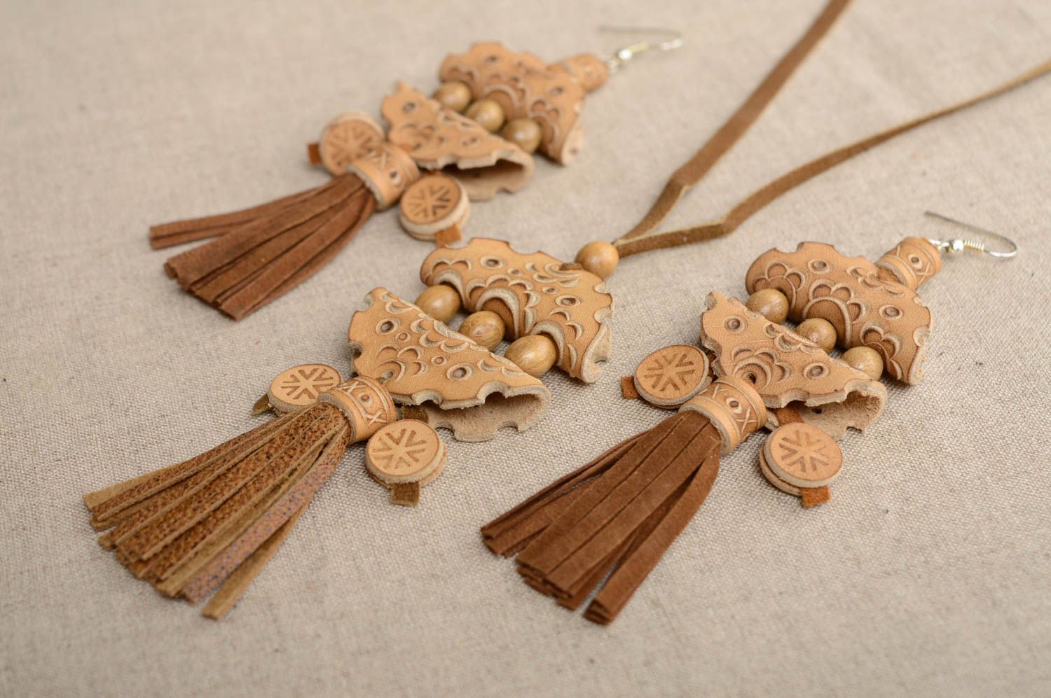 Leather earrings with wooden beads photo 5
