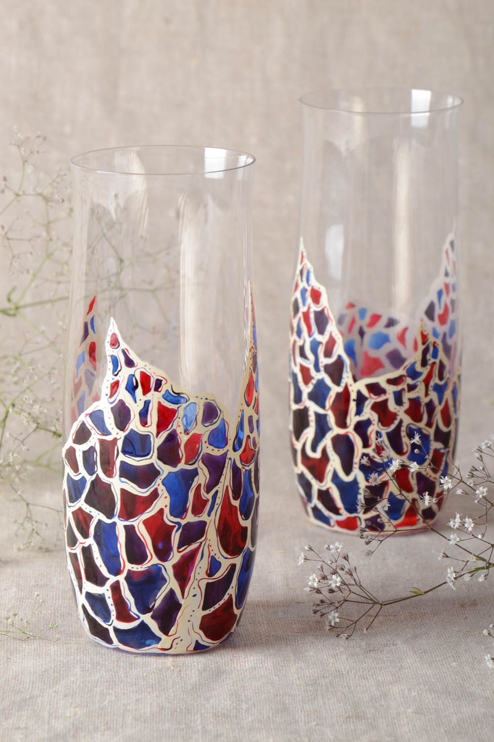 Стеклянные стаканы с росписью витражными красками 2 шт объемом 400 мл красивые фото 1