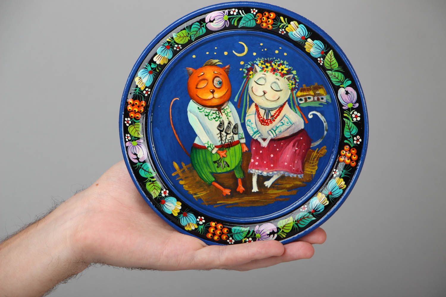 Тарелка с петриковской росписью Коты фото 4