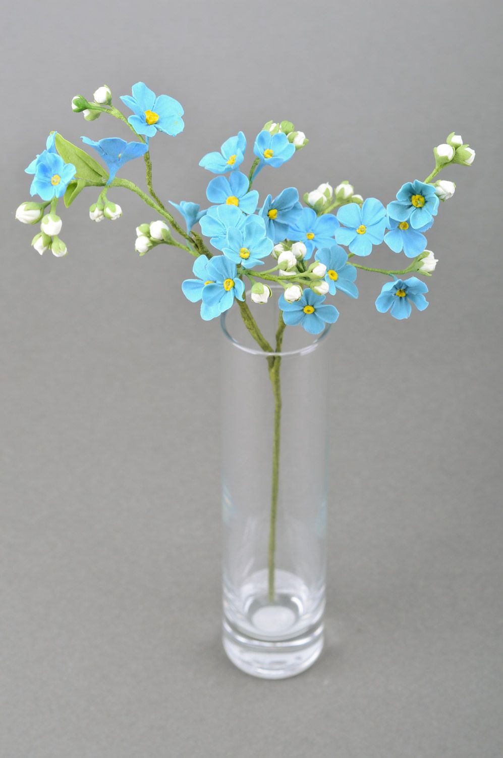 Handmade tender branch of decorative blue flowers molded of polymer clay photo 3
