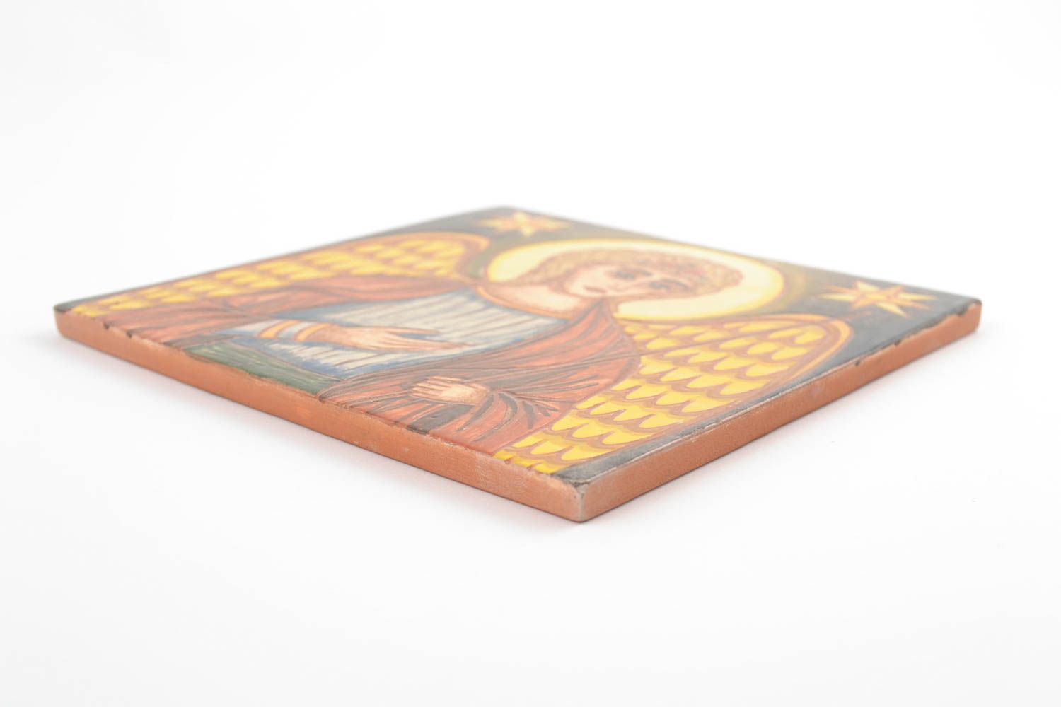 Керамическая плитка расписанная ангобами ручной работы с изображением ангела фото 5