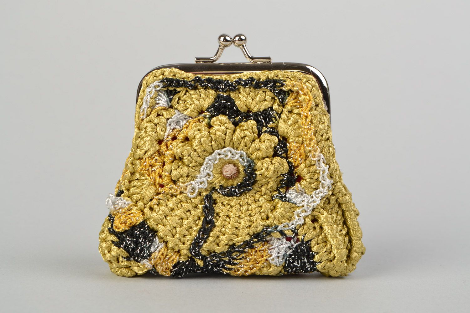 Porte-monnaie à clip tricoté en acrylique au crochet doré noir fait main femme photo 1