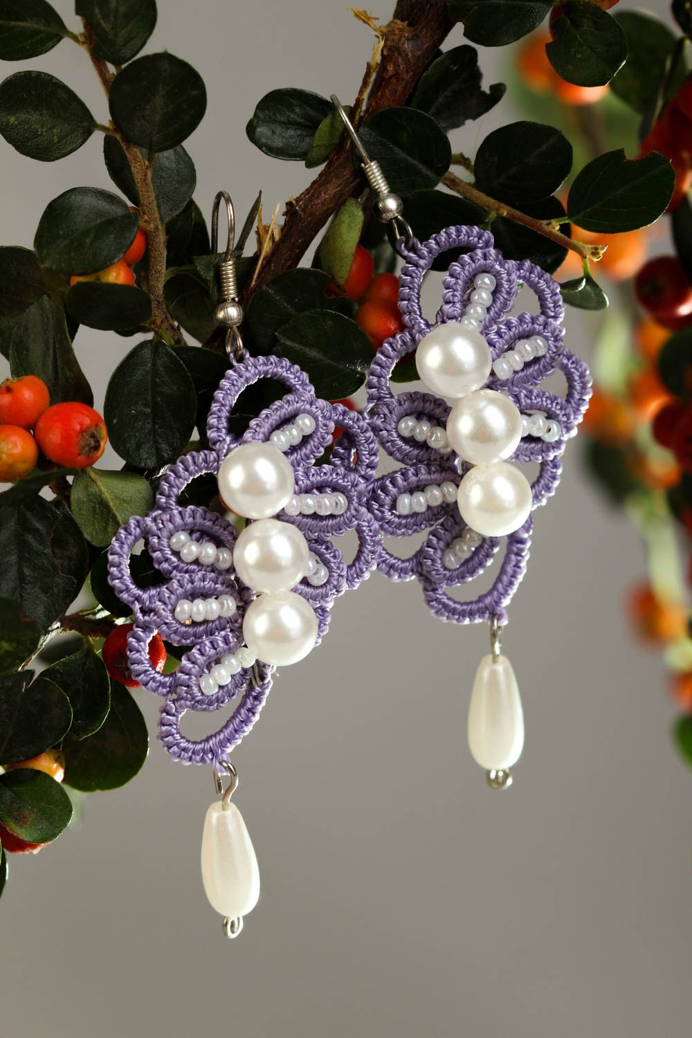 Unusual handmade tatting earrings woven lace earrings handmade accessories photo 1