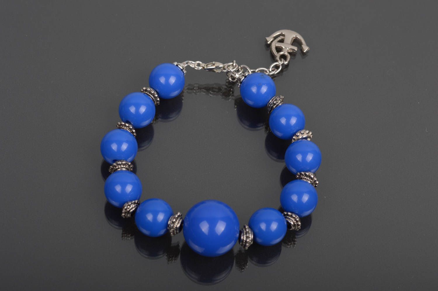 Large blue beaded handmade wrist bracelet with metal fitting and marine anchor photo 1