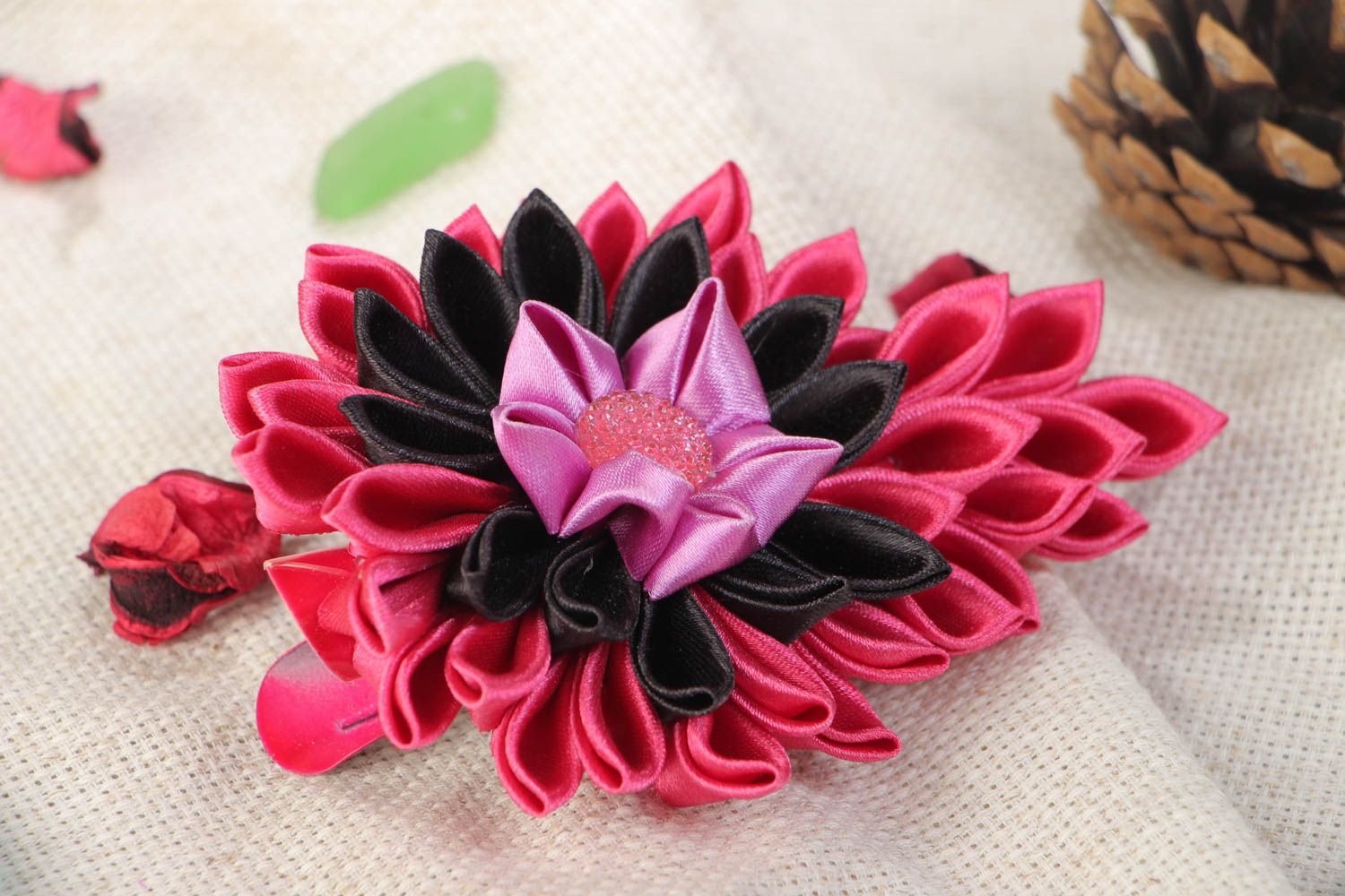 Large women's bright handmade satin ribbon flower hair clip photo 1