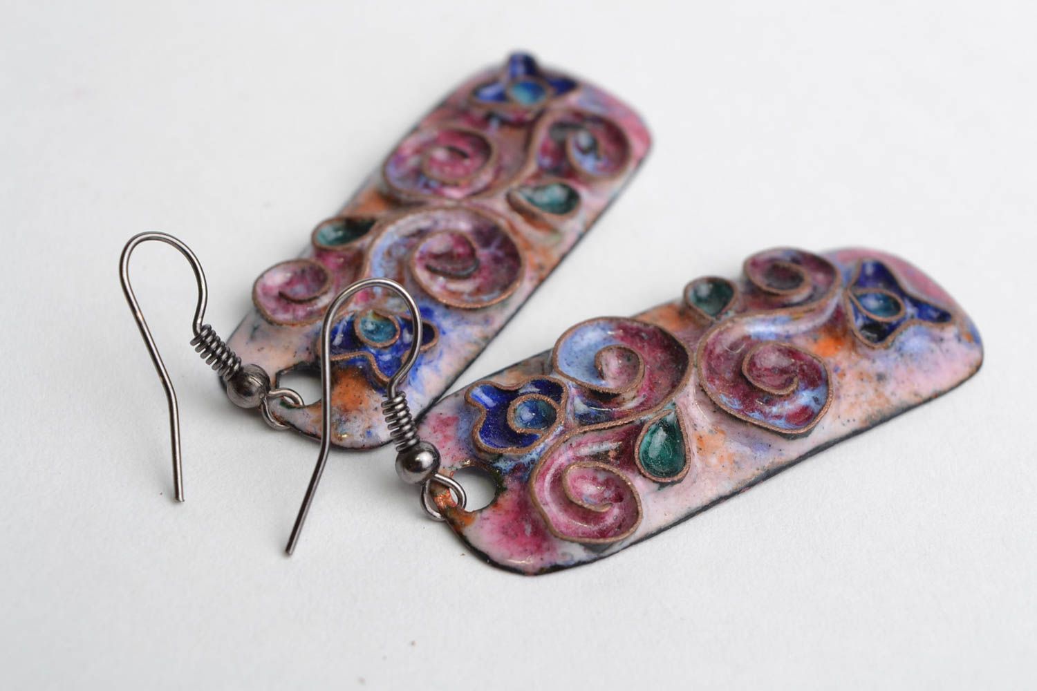Handmade long rectangular enameled copper earrings in violet color palette photo 3