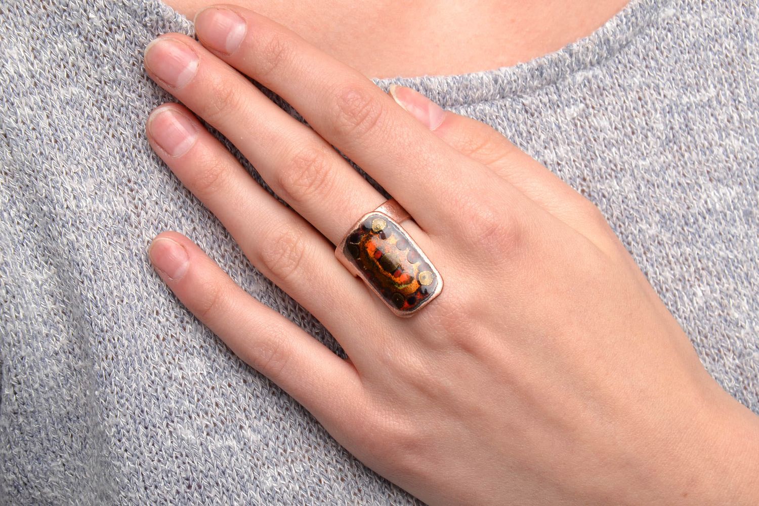 Copper ring with enamel painting as a gift for girl photo 5
