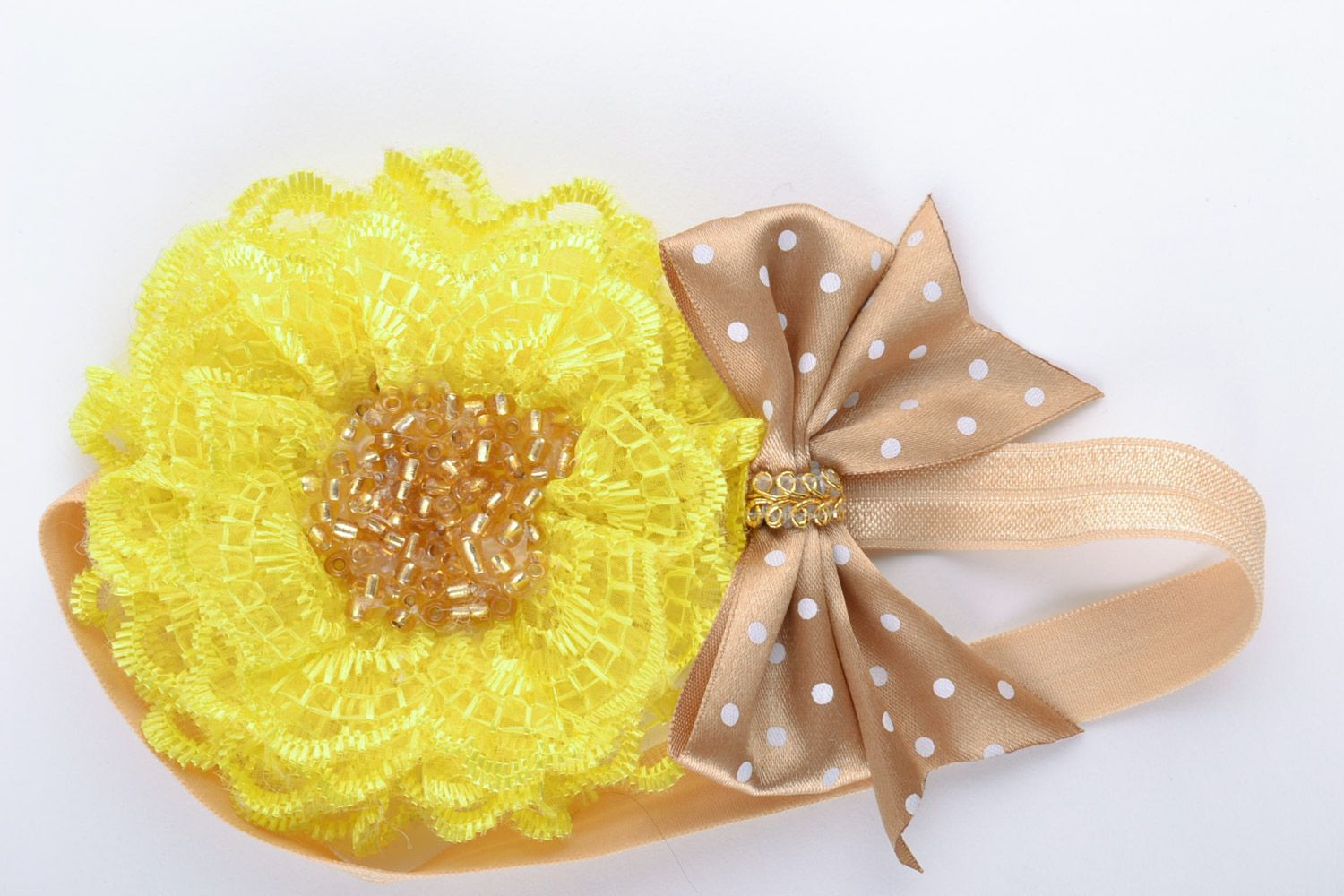 Bandeau élastique pour cheveux avec fleur jaune en rubans de satin fait main photo 2