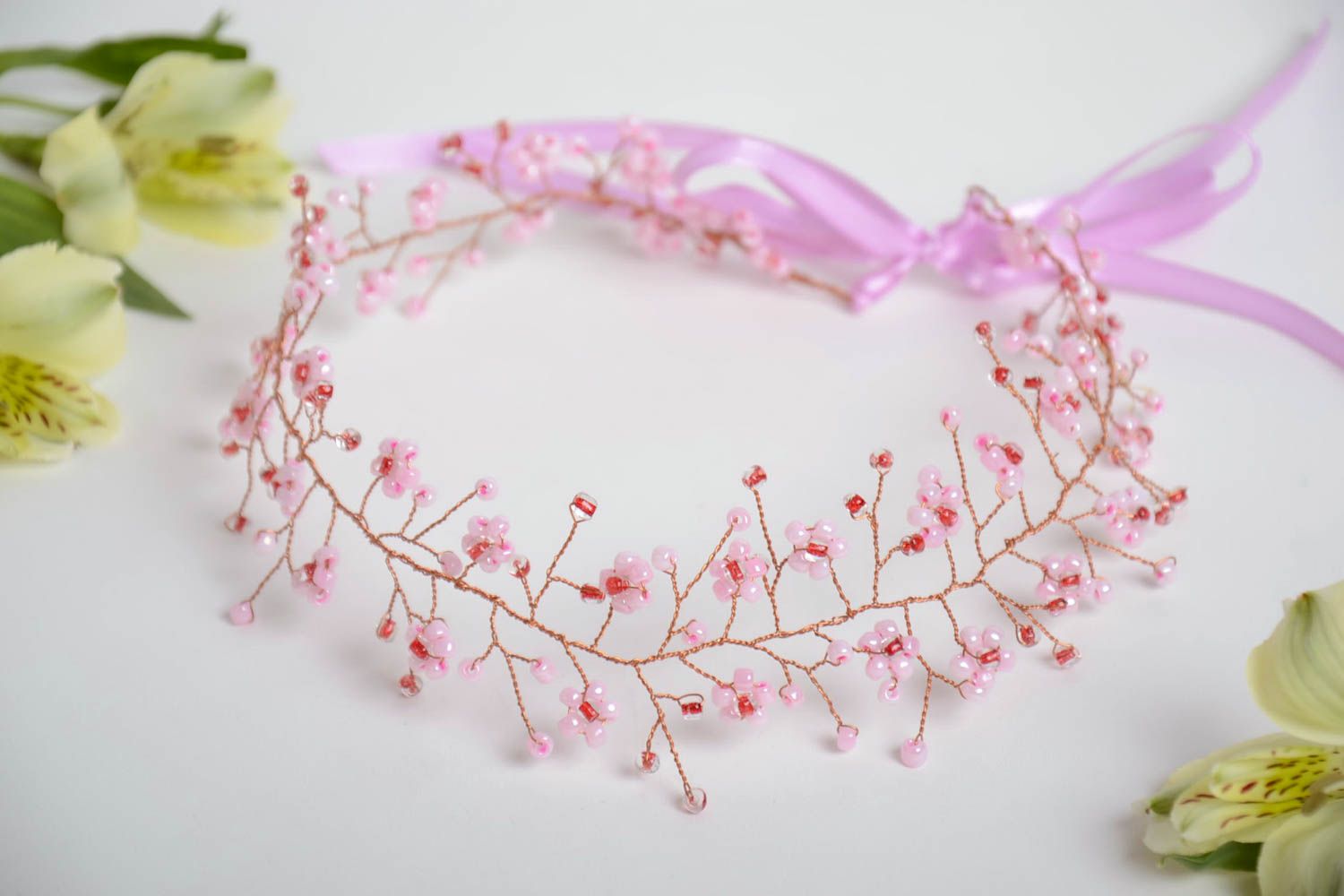 Tender handmade elegant headband with beaded pink flower and satin ribbons photo 1