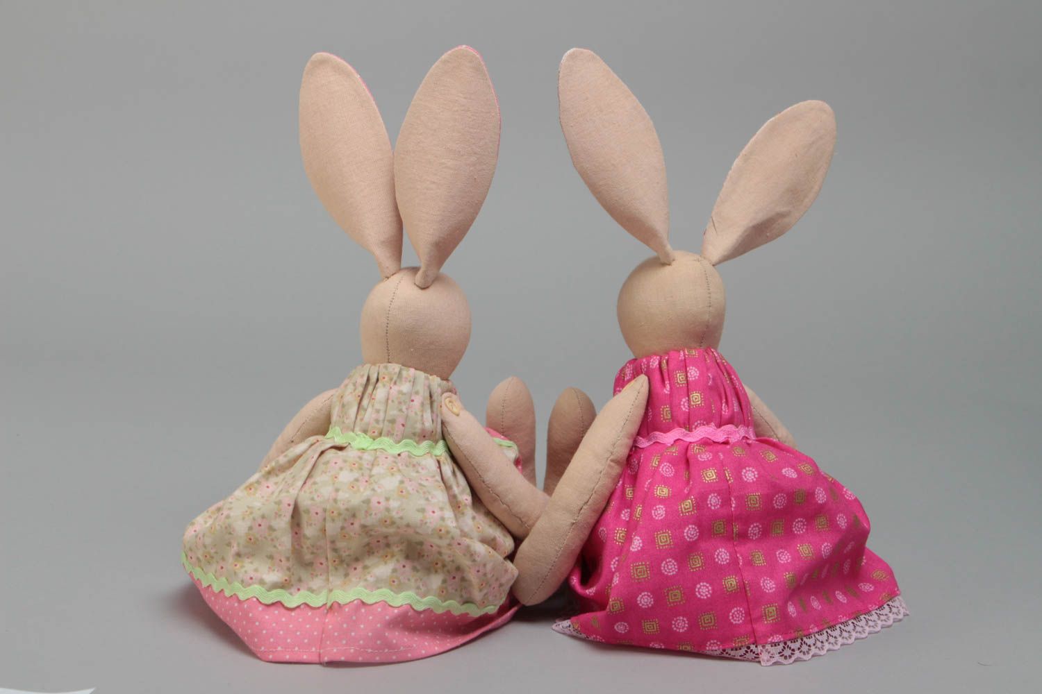 Set of 2 handmade designer cotton fabric soft toys rabbit girls in pink dresses photo 4