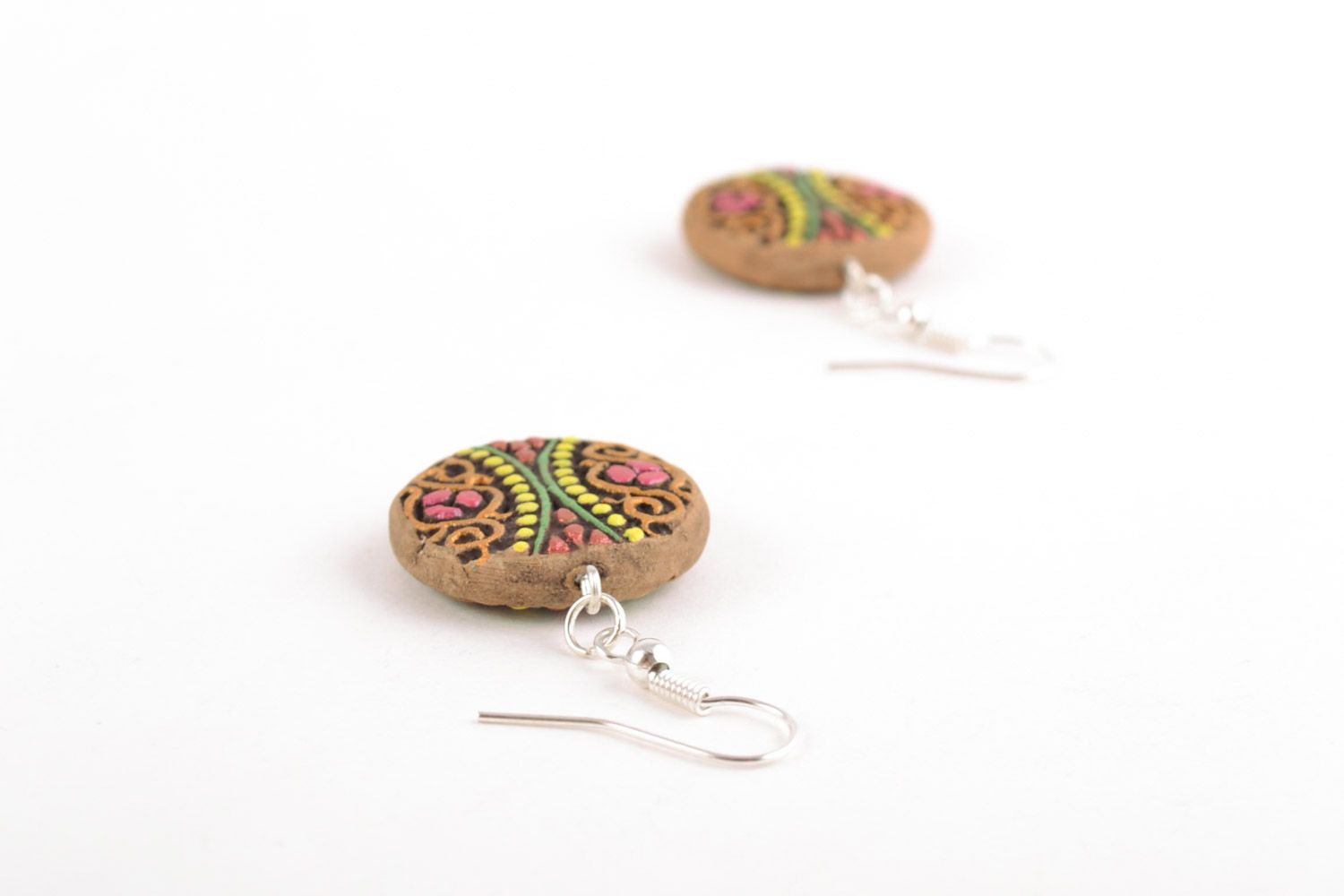 Handmade women's clay round earrings with acrylic painting photo 4