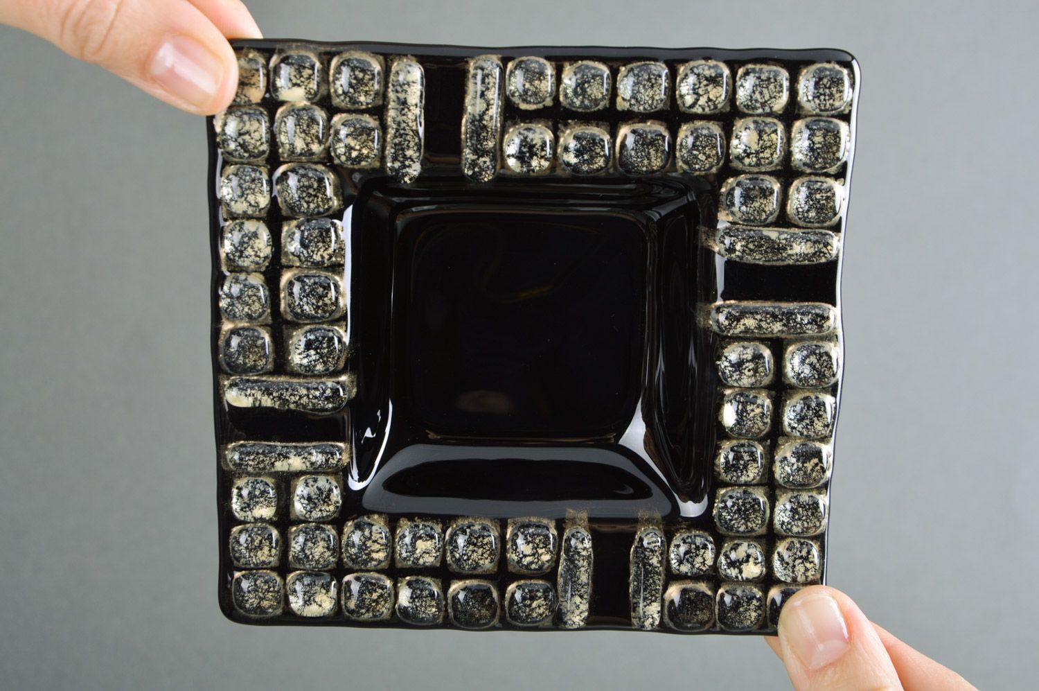 Handmade elegant designer fused glass ashtray of square shape in black color photo 3