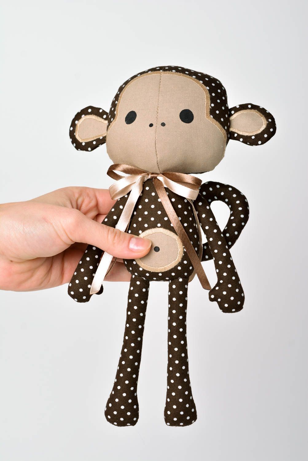 Peluche singe marron à pois blancs Jouet fait main en tissu Cadeau pour enfant photo 2