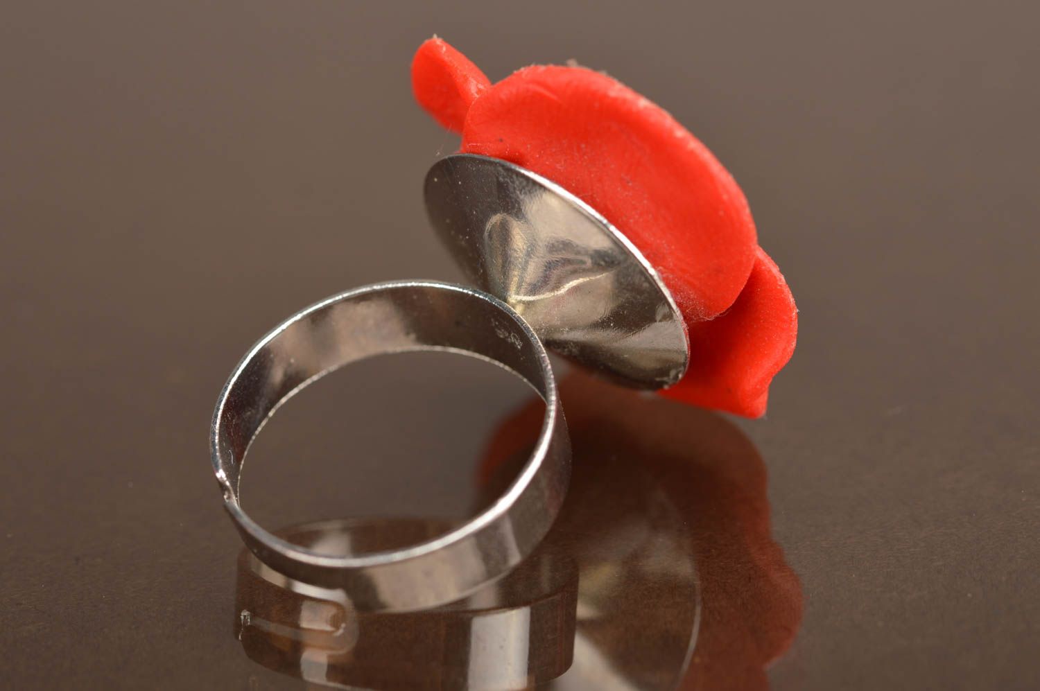 Handmade extravagant metal-based ring made of polymer clay in form of red poppy photo 2