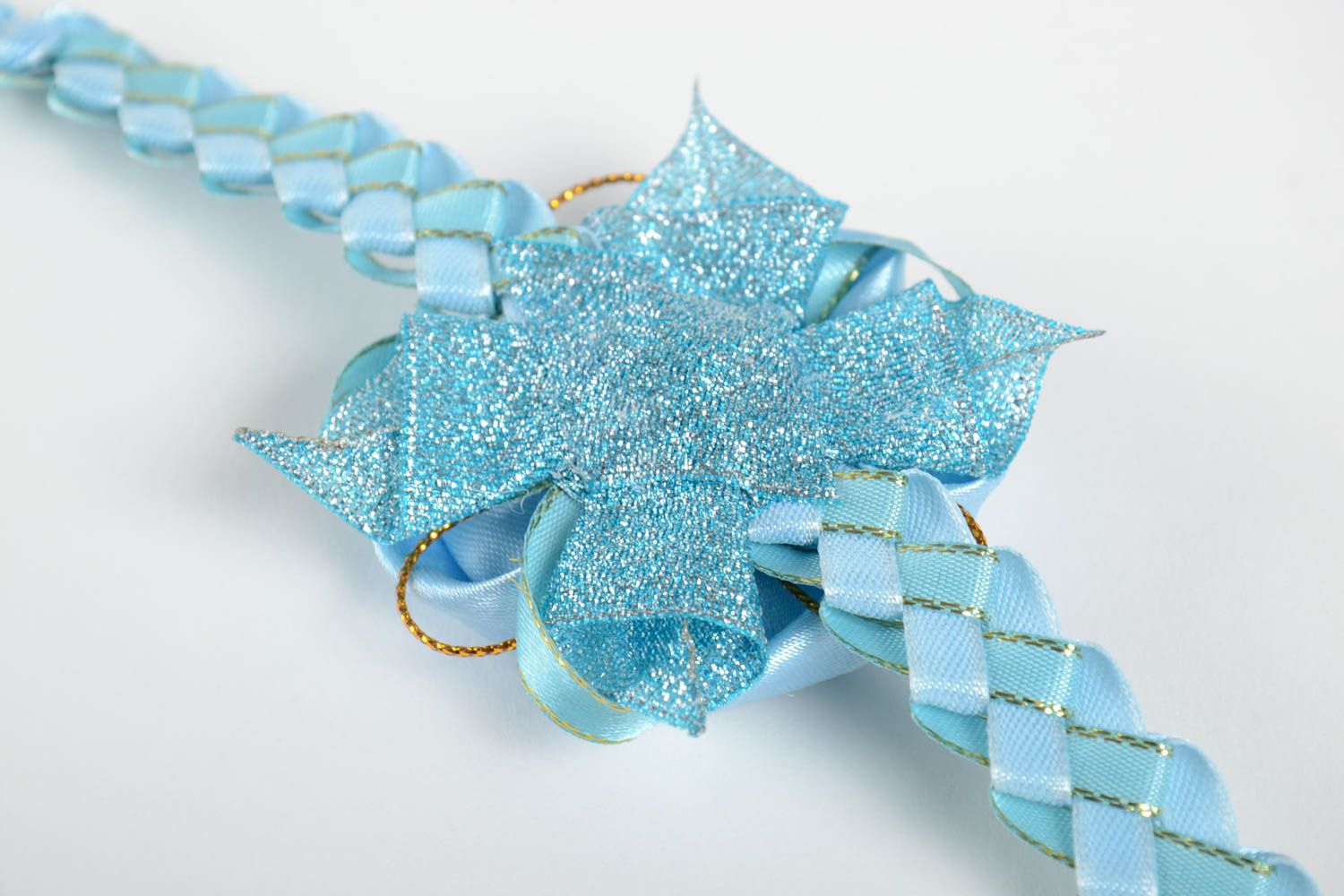 Corsage de poignet Bracelet fait main fleur bleu rubans Accessoire mariage photo 4