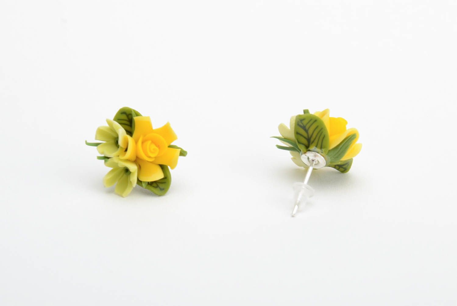 Handmade designer small stud earrings with tiny yellow polymer clay flowers  photo 4