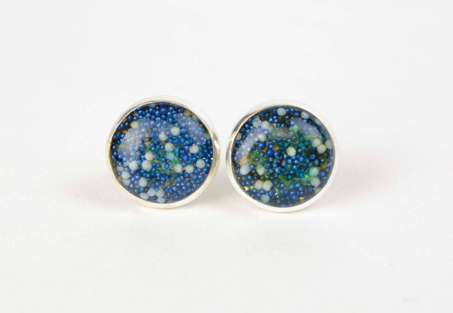 Blue round handmade earrings with spangles coated with jewelry glaze for every day photo 3