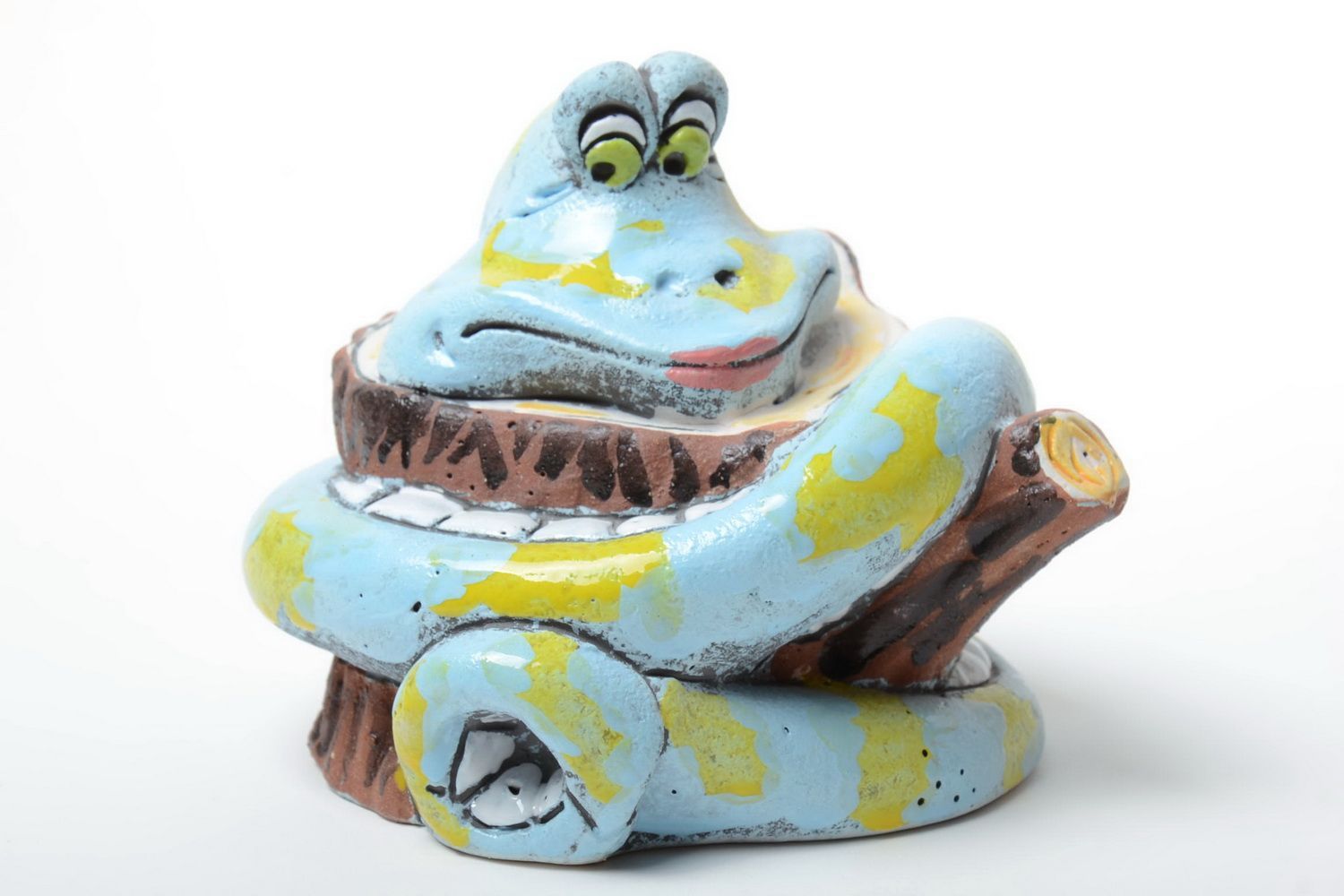 Handmade funny semi porcelain painted figurine money box blue snake on stub photo 2