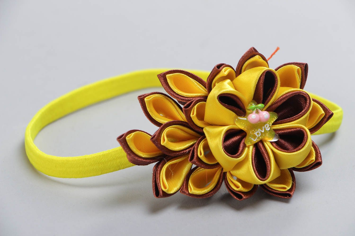 Beautiful handmade headband with bright yellow satin ribbon kanzashi flower photo 3