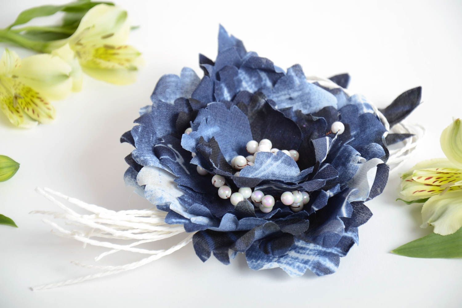 Handmade designer hair clip brooch with blue cotton flower with white cords photo 1