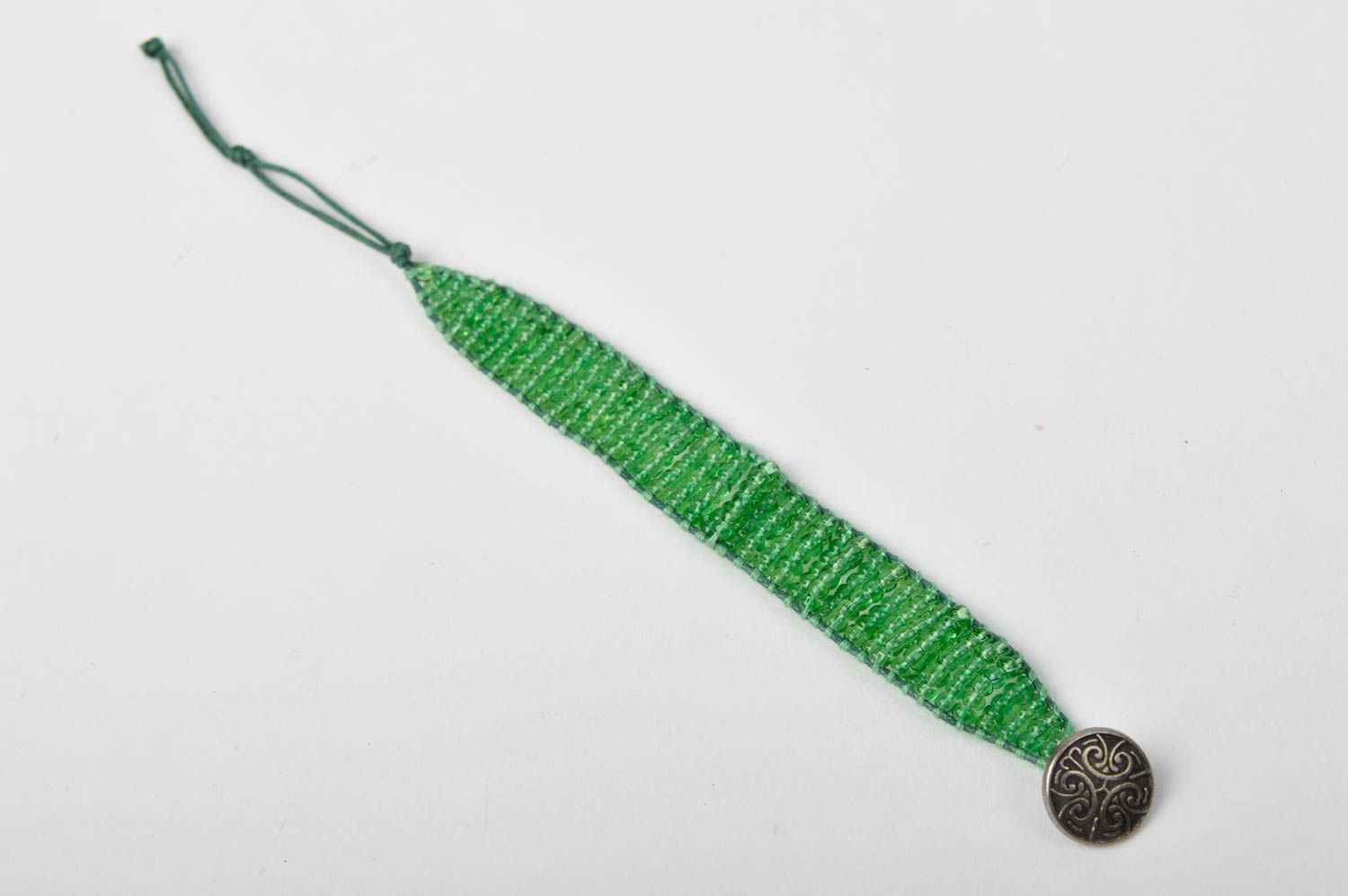Light green homemade strand beaded bracelet with bronze token photo 5