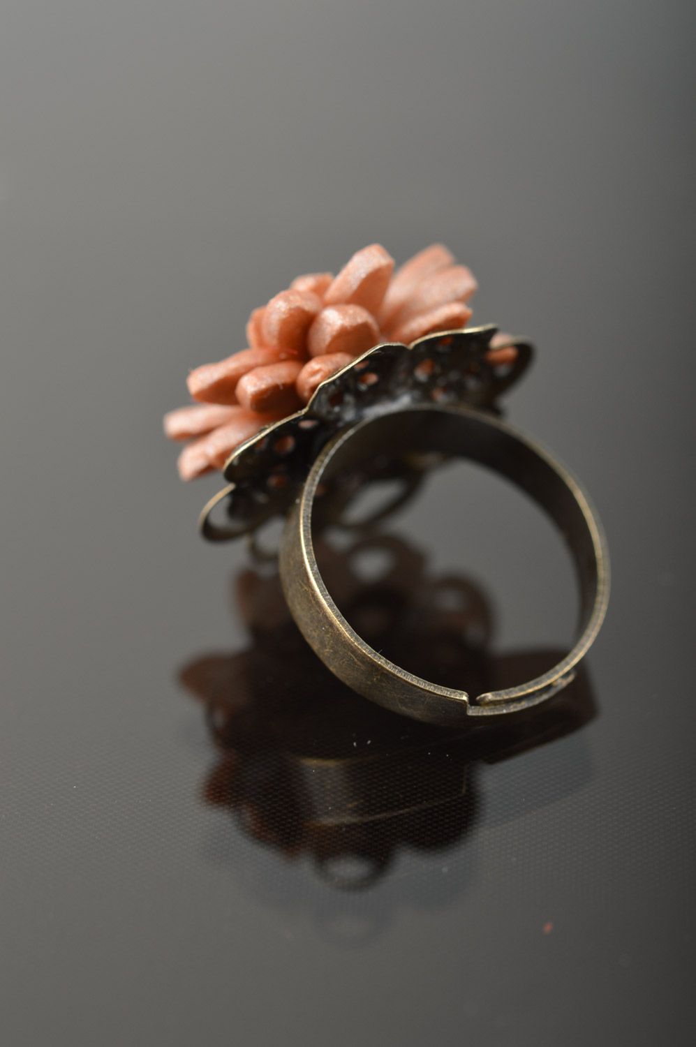 Tender beautiful handmade ring with flower molded of polymer clay for women photo 2