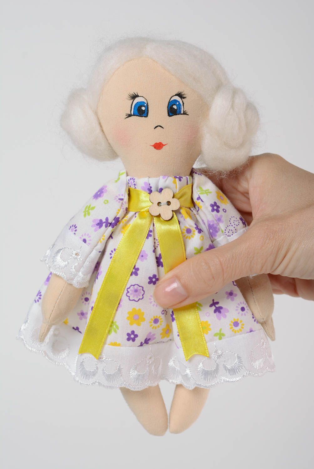 Handmade cotton soft doll with white hair in floral dress painted with acrylics photo 5