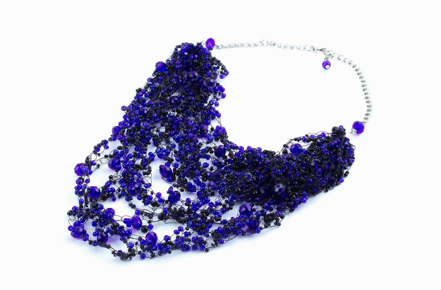 Колье из бисера украшение ручной работы ожерелье из бисера синее с хрусталем фото 3