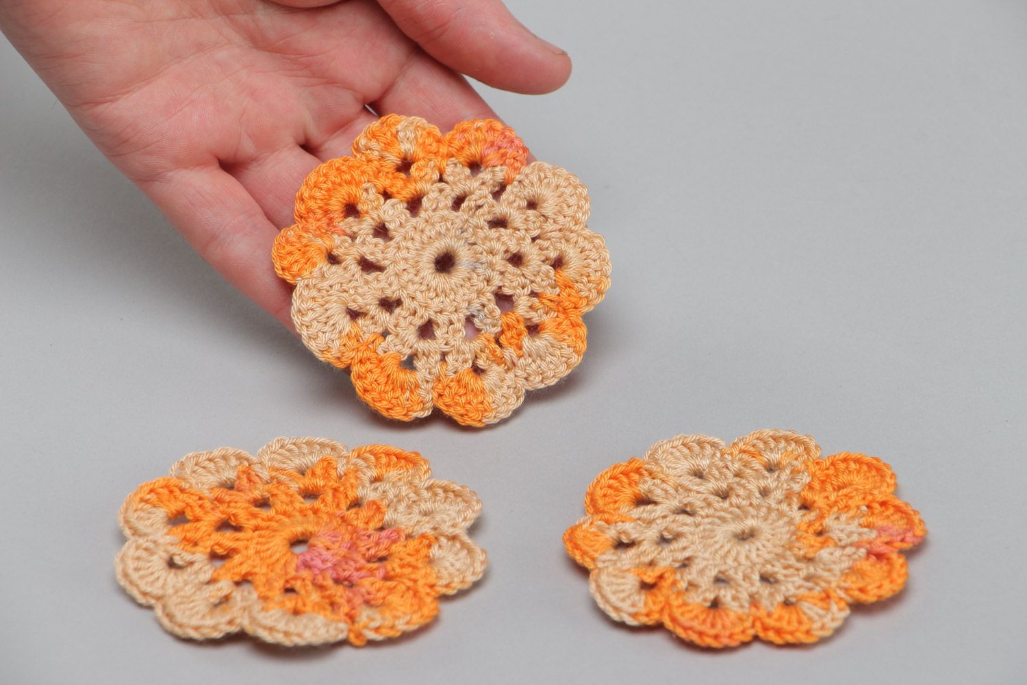Set of handmade orange crochet cotton coasters for cups 3 pieces photo 5