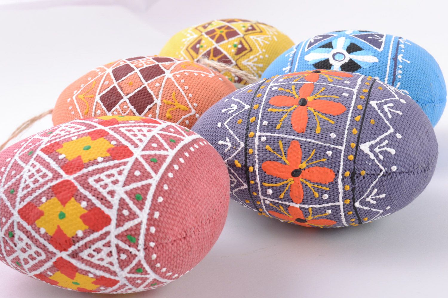 Set of 5 handmade decorative colorful soft ornamented Easter eggs sewn of fabric photo 4