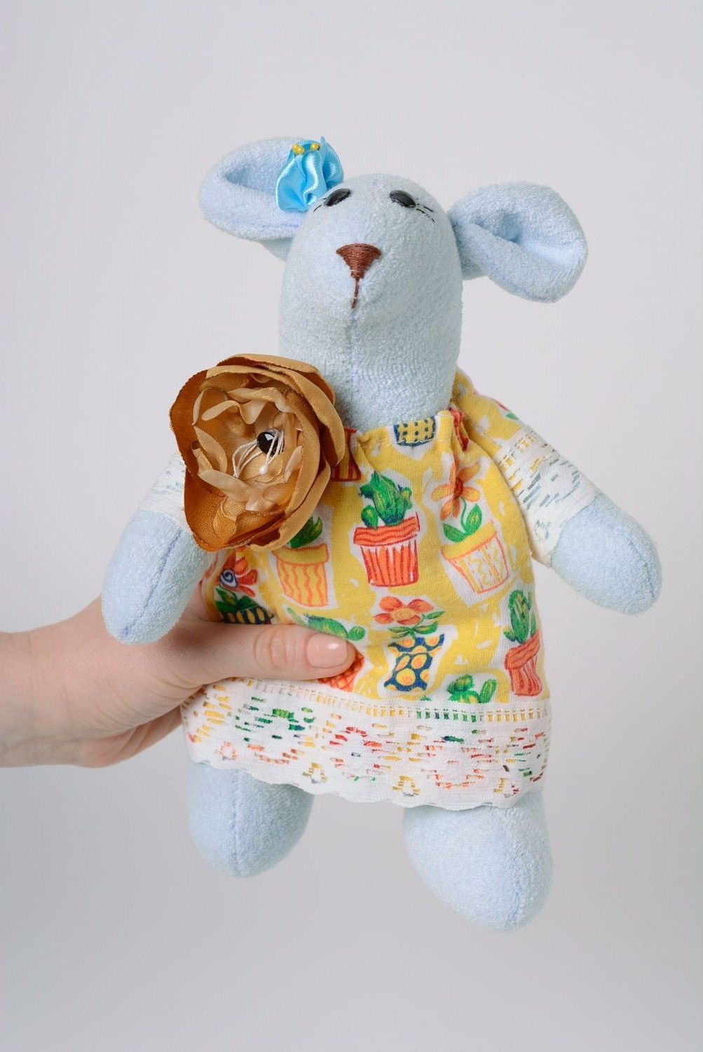 Handmade designer fabric soft toy in blue flower dress Mouse photo 2