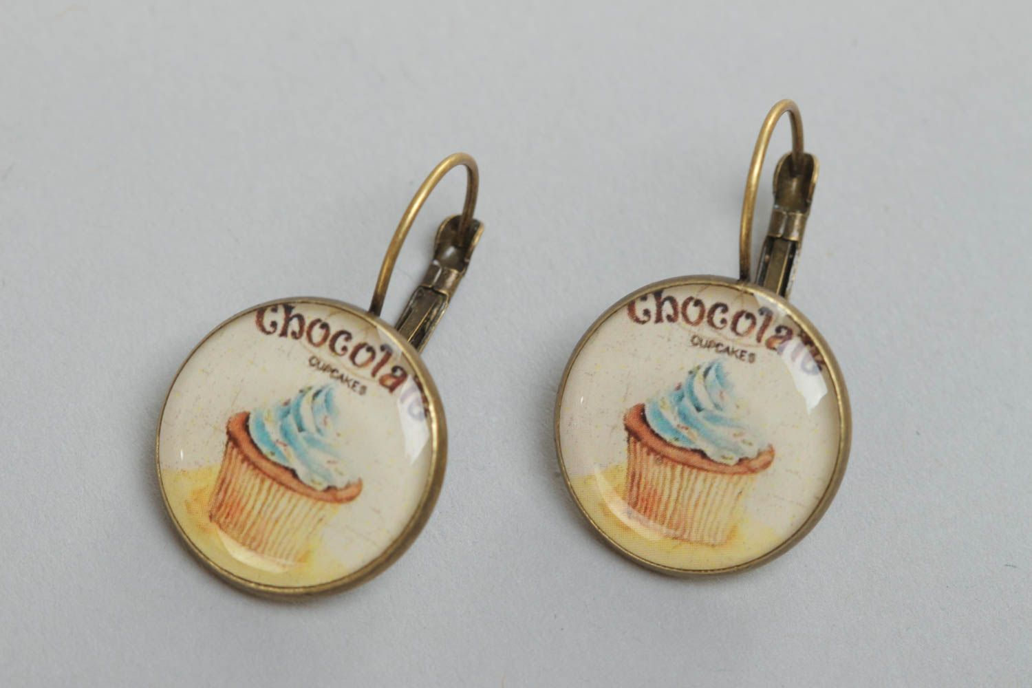 Round handmade stylish designer earrings made of glass glaze Cupcakes photo 2
