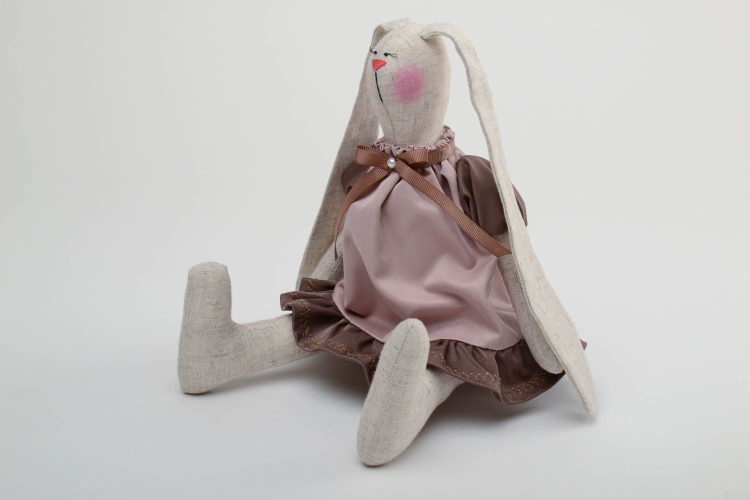 Handmade designer small fabric soft toy rabbit with long ears in dress for kids photo 3
