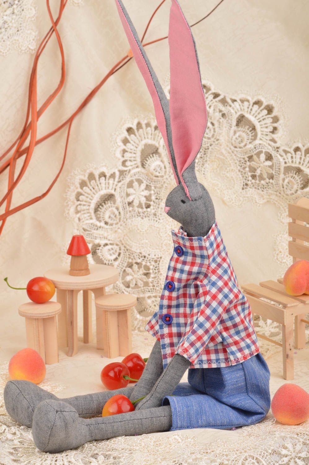 Unusual homemade fabric soft toy Hare for children and interior design photo 1