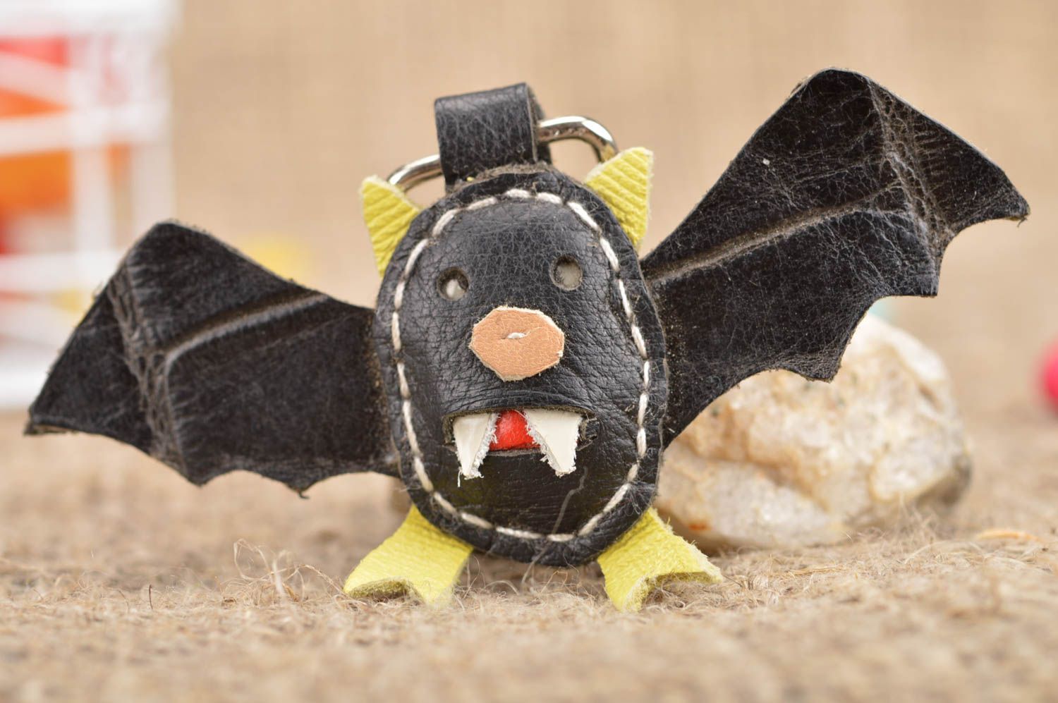 Handcrafted unusual leather keychain in form of bat for adults children photo 1