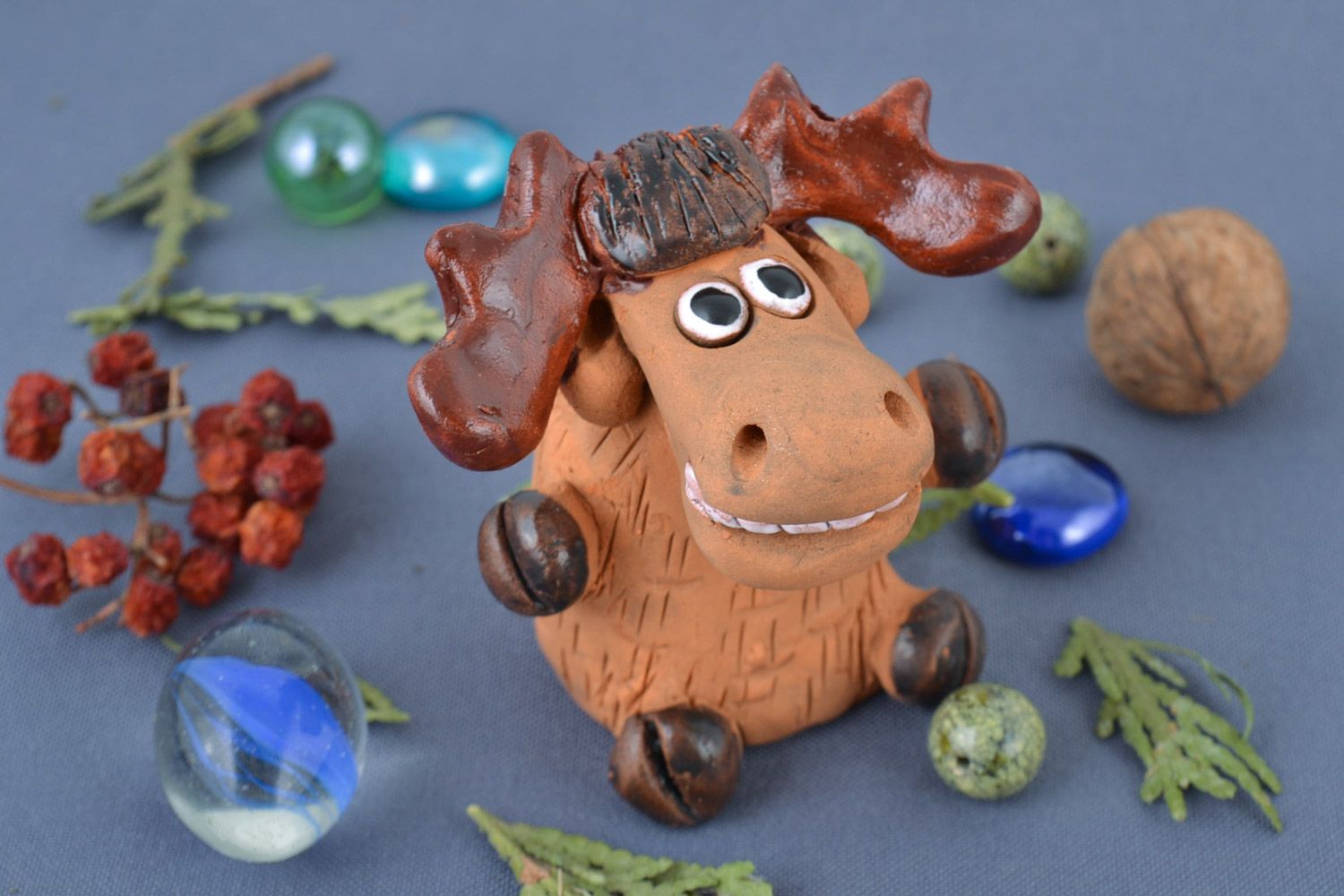 Handmade small ceramic brown figurine of elk painted with acrylics for table decor photo 1