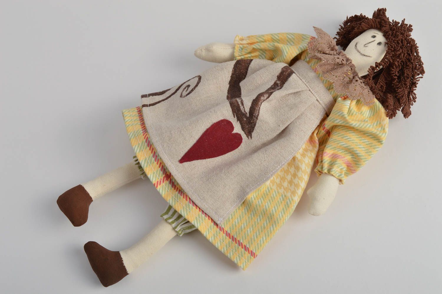 Handmade funny designer fabric soft doll girl in dress and apron for interior  photo 2