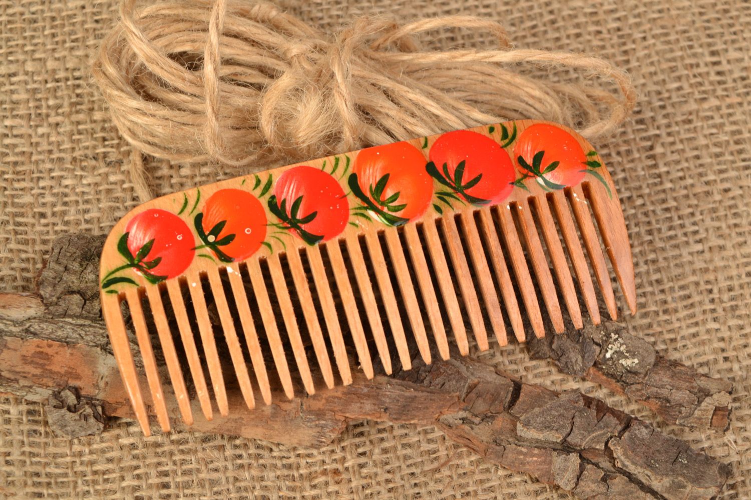 Homemade wooden hair comb with Petrikov painting Tomatoes photo 1