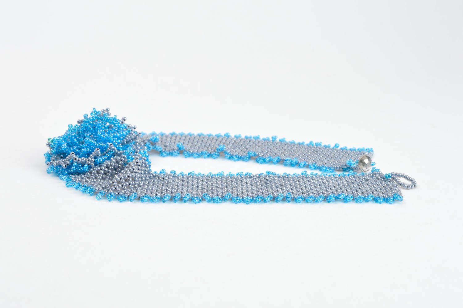 Handmade massive beaded necklace elegant blue necklace designer accessory photo 2