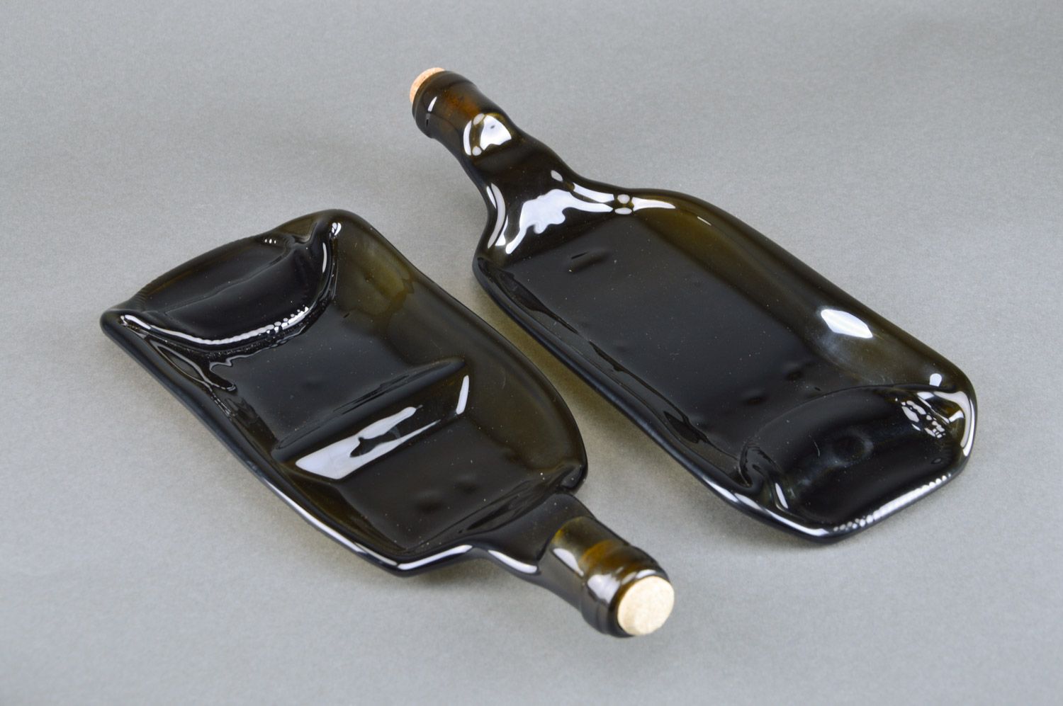 Handmade dark melted glass wine bottle cheese plates 2 items for table setting photo 2