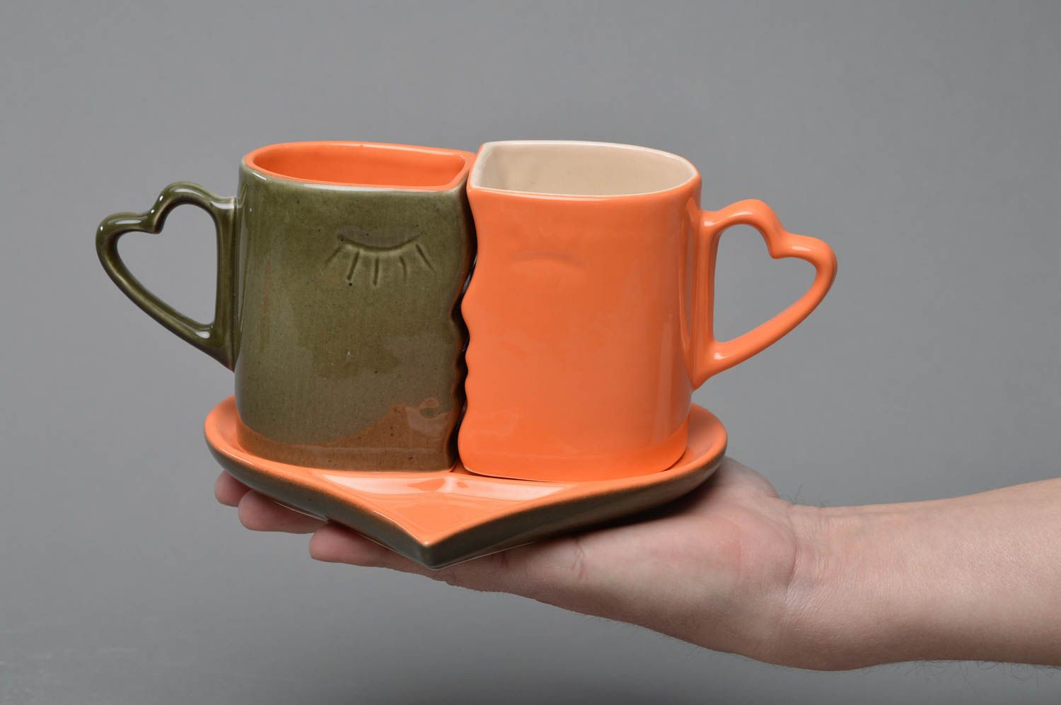 Porcelain mugs and heart-shaped saucer for couple handmade ceramic tableware photo 4