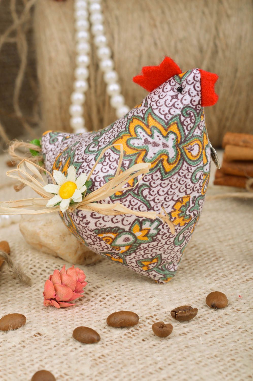 Designer handmade decorative toy in the form of chicken soft cotton unusual decor photo 1