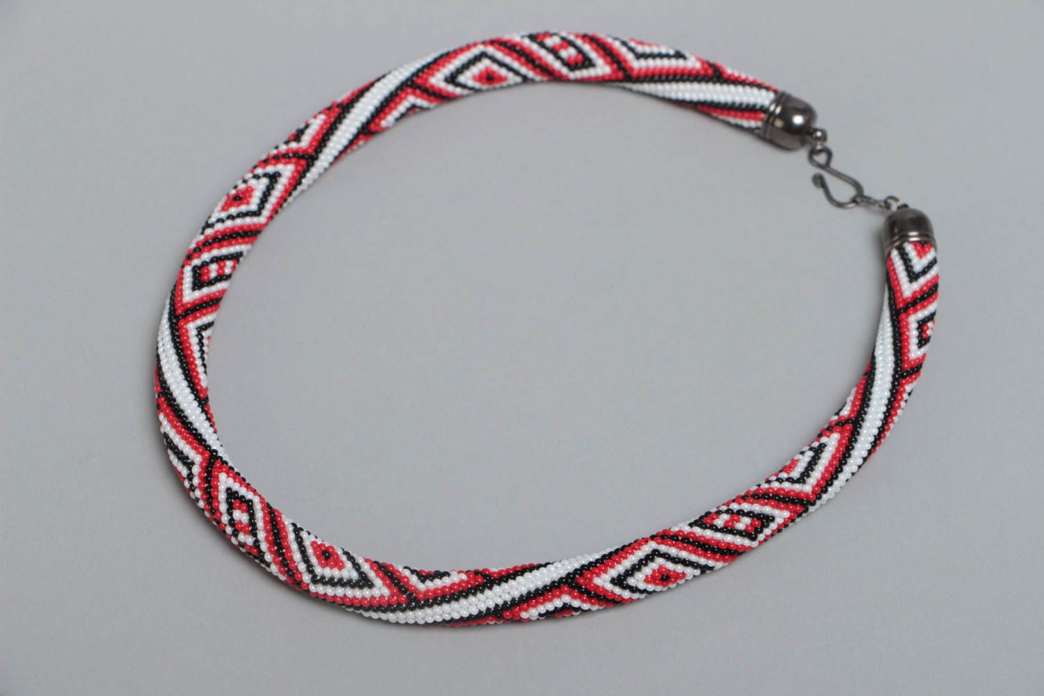 Handmade designer beaded cord necklace with ornament of vyshyvanka style photo 2