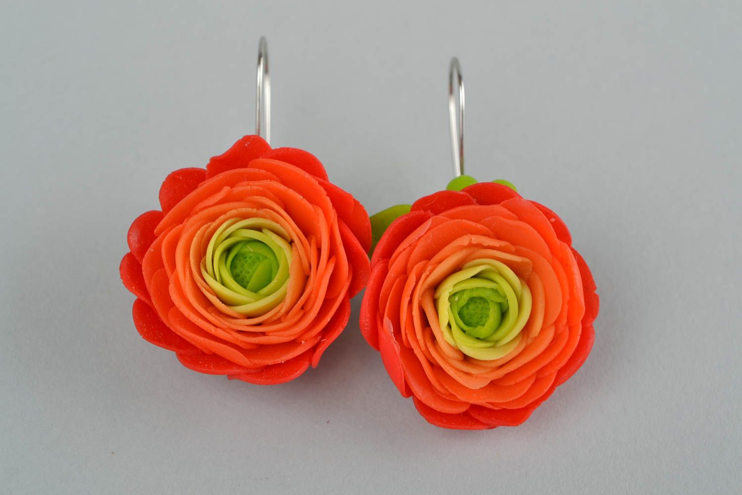 Handmade colorful big earrings made of polymer clay in shape of flowers jewelry photo 3