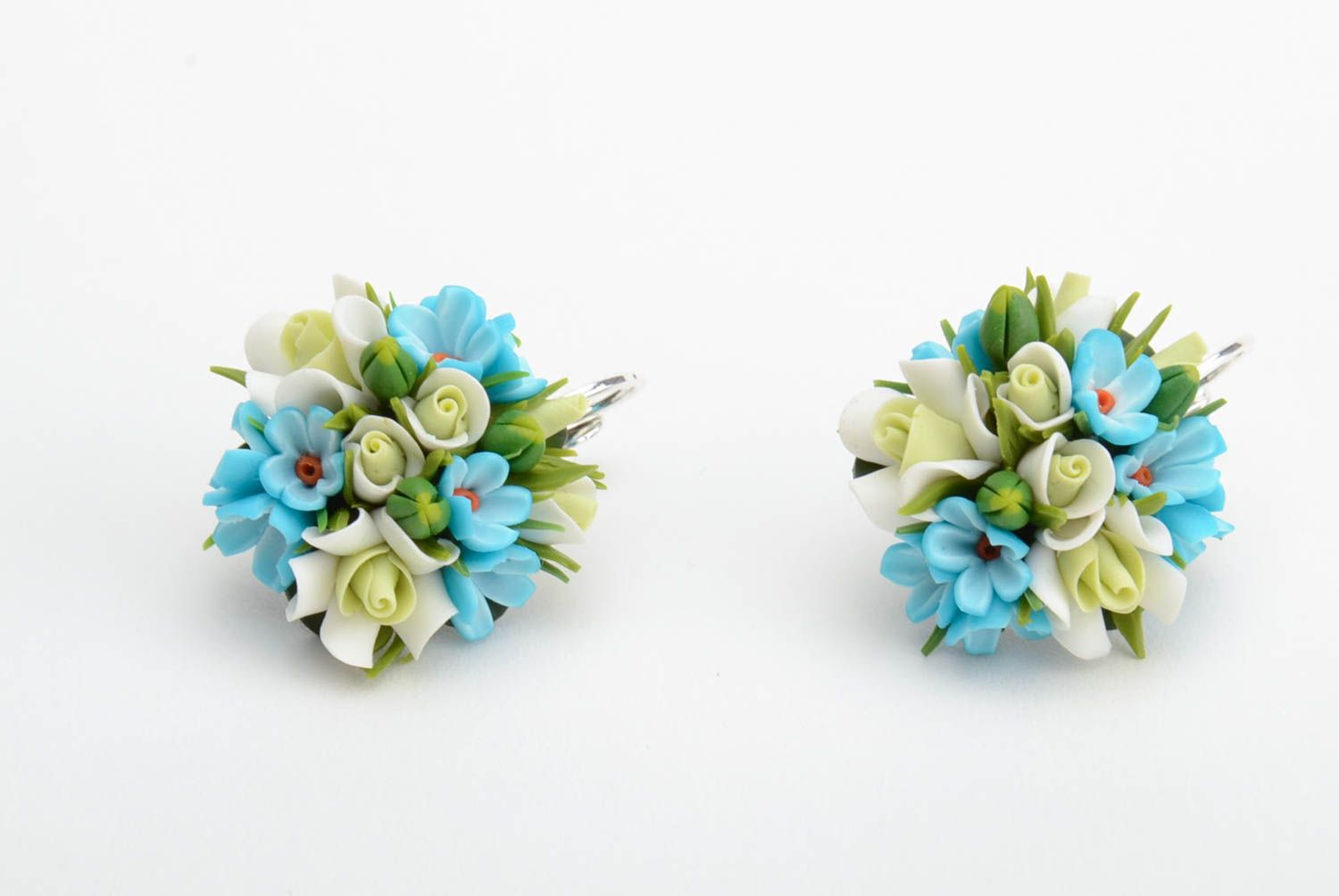 Handmade tender earrings with tiny blue and green polymer clay flowers photo 2