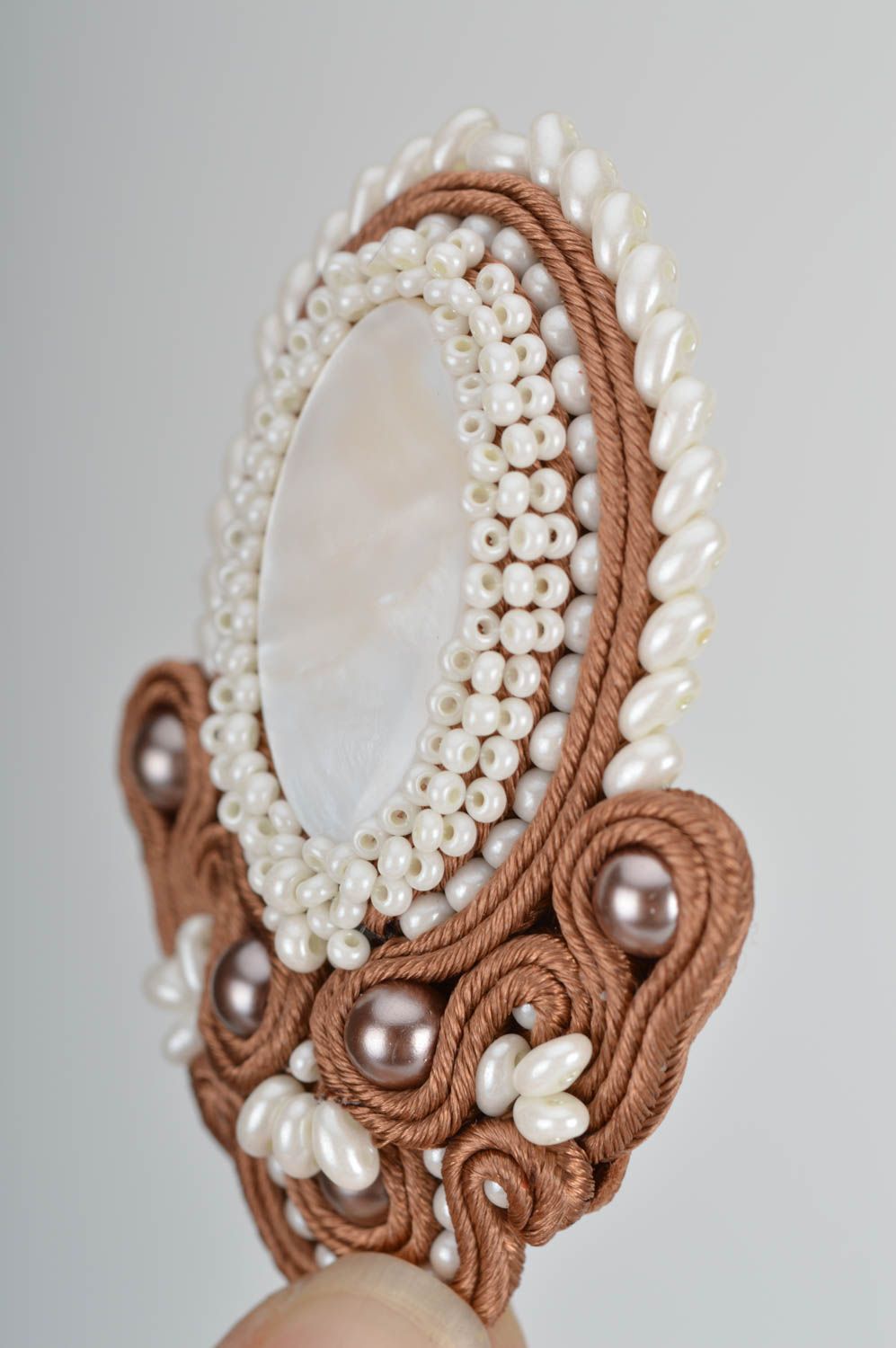 Beautiful handmade women's vintage soutache brooch with beads photo 3