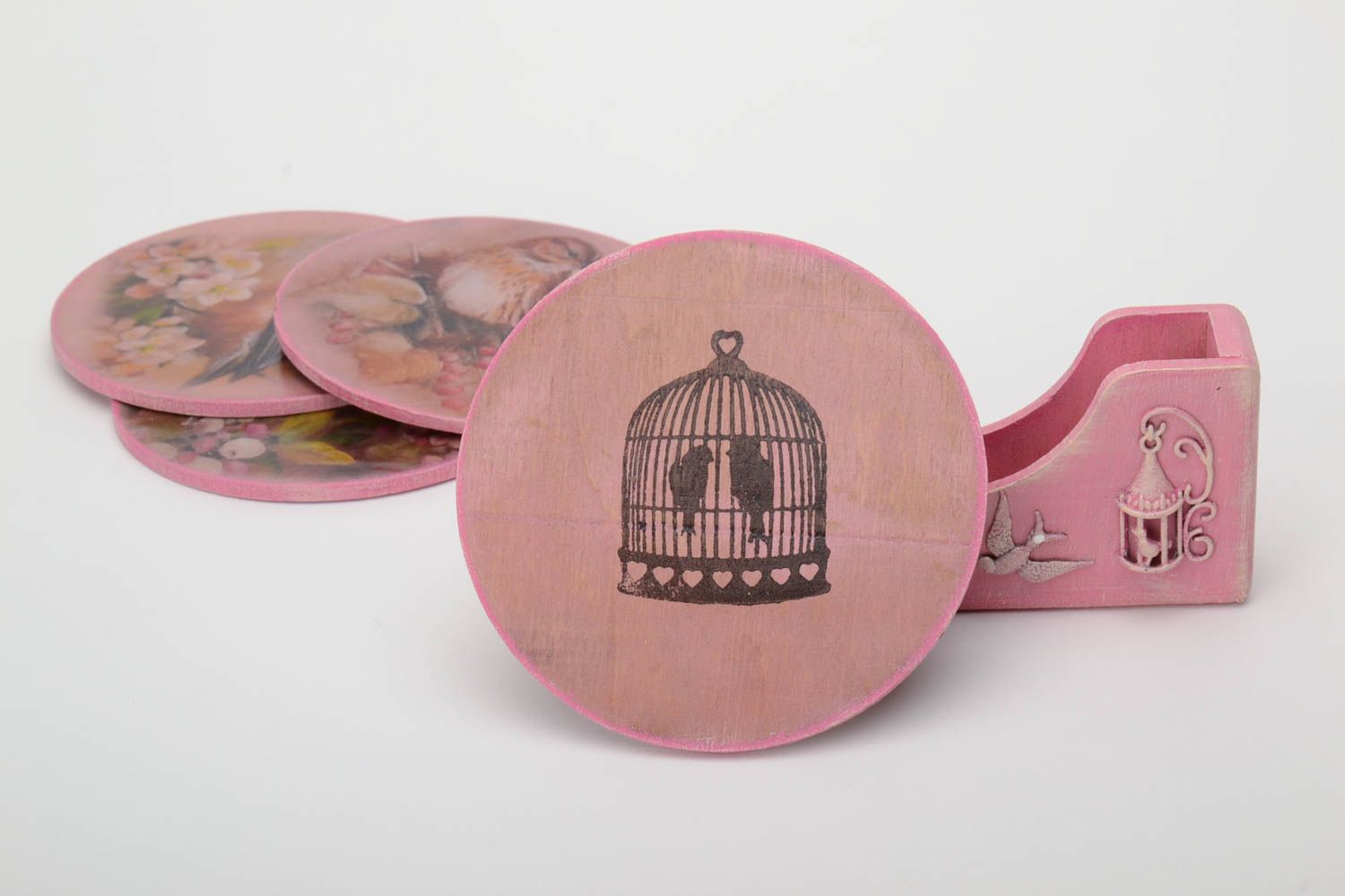 Tassen Untersetzer handmade Set von 4 Stücken mit Vögeln rosafarbig Decoupage  foto 3