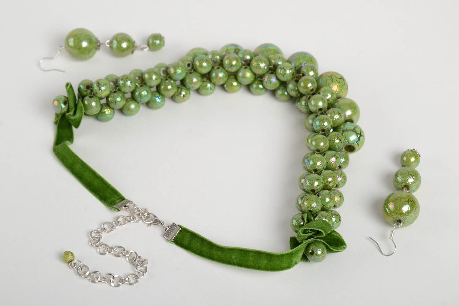Set de bisutería hecho a mano collar artesanal pendientes de abalorios verdes foto 5